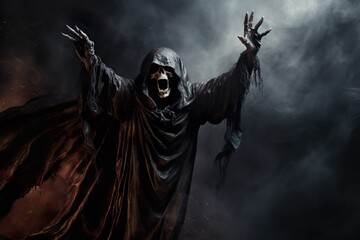 Fototapeta na wymiar Grim reaper or Death reaching for his victim over dark background with copy space. Halloween Party background | Generative AI