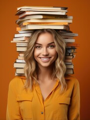 Photo of a girl student littered with books who likes to read and study, smiling happy cute and funny girl, copy space, plain background
