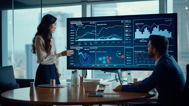 The concept of data-driven decision-making in the corporate world by photographing a diverse group of professionals in a boardroom, gathered around a high-tech AI analytics dashboard