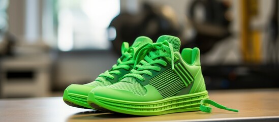 A printer creates a green shoe sole from flexible plastic filament in a comfortable home environment using a direct drive extruder metal print bed grey sneakers and filament spool