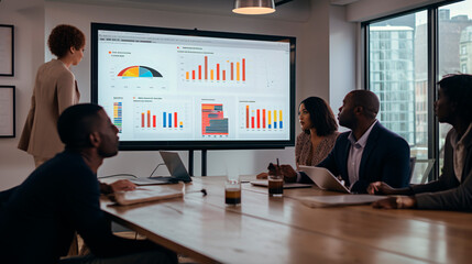 The concept of data-driven decision-making in the corporate world by photographing a diverse group of professionals in a boardroom, gathered around a high-tech AI analytics dashboard