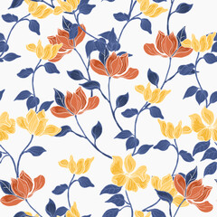 Hand Drawn Batik Magnolia Flower Seamless Pattern