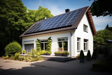 Fototapeta na wymiar Experience the future of sustainable living with this visual of a modern home, roof adorned with efficient solar panels, harnessing the sun's energy. In the driveway, an electric car charges