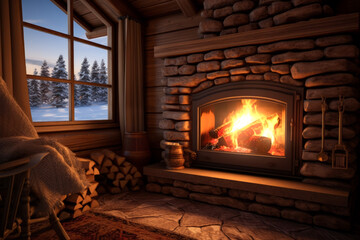 natural lighting of modern fireplace in background of log cabin with blazing fire. travel concept of vacation and holiday.