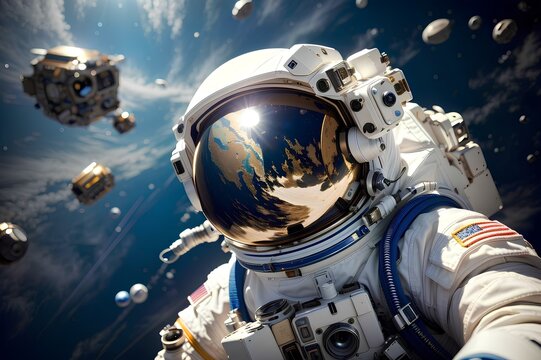 Astronaut in space flying on the moon, Planet Earth from the far in the Universe. Rocket and satelites illustration for science.