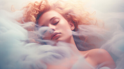 Felam sleeping in the clouds, woman dreaming, meditation and mindfullnes lifestyle concept art, spiritual awerness, mental soul health, self care, - obrazy, fototapety, plakaty