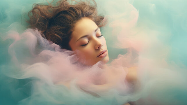 Felam sleeping in the clouds, woman dreaming, meditation and mindfullnes lifestyle concept art, spiritual awerness, mental soul health, self care,