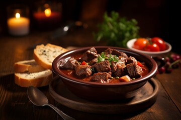 Dive into the rich culinary traditions of Hungary with a beautifully set feast. At its heart, a steaming bowl of goulash, masterfully garnished with fresh herbs. 