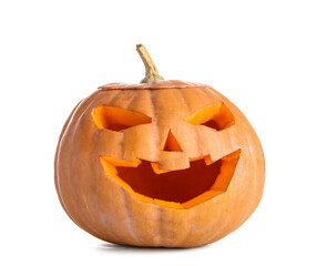 Carved pumpkin for Halloween on white background