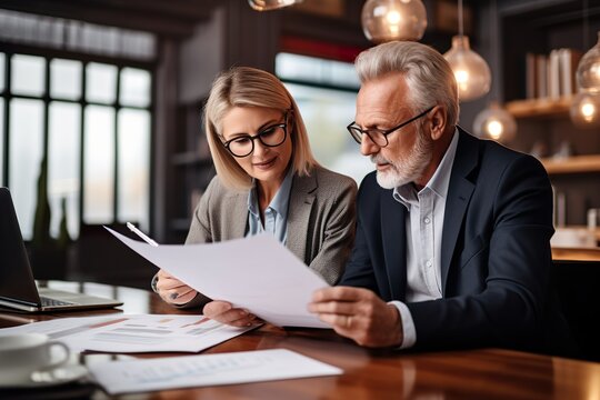 blonde business woman and businessman discussing work, mature, ceo, excutives - generative ai