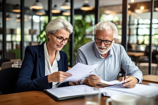 paperwork, business woman and businessman discussing work, mature, ceo, excutives - generative ai