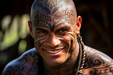 Polynesian man’s face, tattoos accentuating his features, his eyes twinkling with laughter, showcasing a genuine, bright smile. - obrazy, fototapety, plakaty
