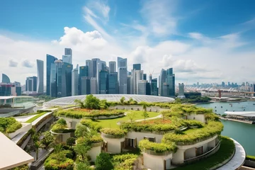Foto auf Acrylglas A captivating high-angle view of a city, effortlessly blending modern architecture with sustainable practices. Buildings, bedecked with solar panels and verdant green roofs © Kristian