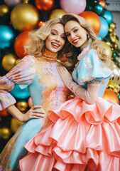 Beautiful friends dressed flamboyantly and extravagantly posing happily at a New Year's or Christmas party. Plenty of glitter, jewelry, cheerful atmosphere. Generative AI.