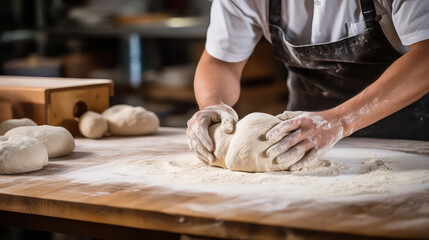 Close-up of male baker hands in flour, kneading muffin dough for pie on table. Home bakery, cooking with dough. 