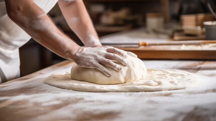 Close-up of male baker hands in flour, kneading muffin dough for pie on table. Home bakery, cooking with dough.  - obrazy, fototapety, plakaty