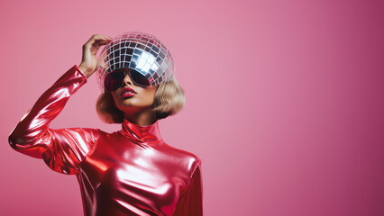 Girl in a shiny glittery pink suit holding a disco ball with a minimal background with copy space. It's party time. Retro style poster. Generative AI.