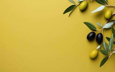 Background green olive branch, place for text. banner with olives. olive oil advertisement.