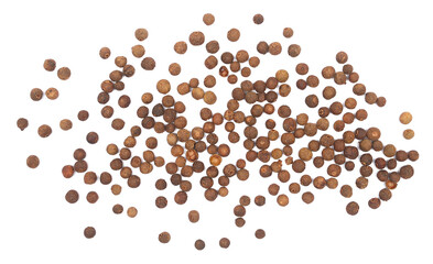  Allspice, pimento spice, Jamaican pepper pile isolated on white, top view