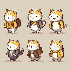 set of  animal adorable cats depart on a journey