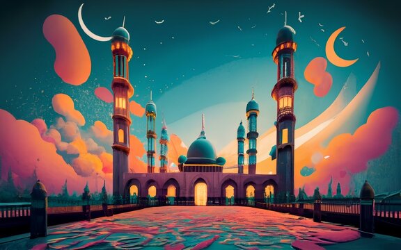 Mosque Illustration For Ramadhan Kareem Greeting, 
Ramadan Islamic Holy Month Design From Paper Art.