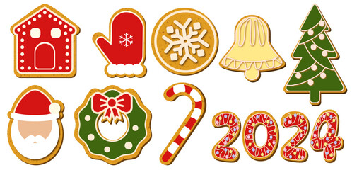 christmas gingerbread cookies Merry Christmas bell tree human heart tasty baked stickers set 2024 new year icons 
