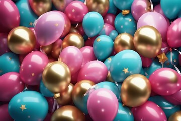 Fototapeta na wymiar Colorful balloons and gold stars, festive celebration background