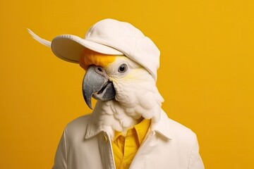 white funny parrot in hat