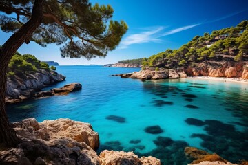View of Cala Saladeta on the stunning Ibiza islands, Spain. Generative AI