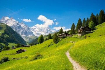 Scenic Alps with lush spring meadows. Generative AI