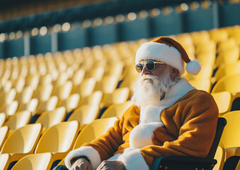 Santa Claus sits completely alone on the empty bleachers of a sports stadium composed of a multitude of yellow chairs. Generative AI.