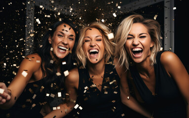 Three women celebrating christmas with sparkling confetti, looking sophisticated and trendy. Generative AI