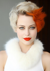 Beautiful girl dressed in elegant white soft fur with a trendy short hairstyle and perfect complexion. Retro vintage fashion vibe. Generative AI.