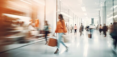 Blurred background of a modern shopping mall with some shoppers. Shoppers walking at shopping center, motion blur. Abstract motion blurred shoppers with shopping bags, ai - obrazy, fototapety, plakaty