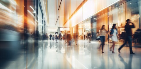 Blurred background of a modern shopping mall with some shoppers. Shoppers walking at shopping center, motion blur. Abstract motion blurred shoppers with shopping bags, ai