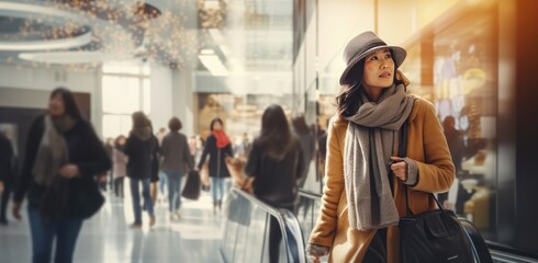 An elegant Asian woman strolls through the shopping mall, her form emphasized by the ambient warm lighting, while the surroundings dissolve into a gentle blur - obrazy, fototapety, plakaty