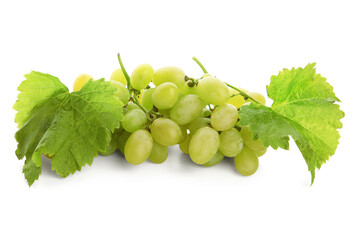 Fresh green grapes with leaves on white background