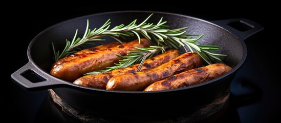 Vegetarian sausages made with rosemary and onion cooked in a cast iron skillet in the oven - obrazy, fototapety, plakaty