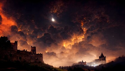 a medieval castle burning under a night sky over a hill brom art wide angle unreal engine photorealistic dramatic light complex 1920 x 1080 resolution  - obrazy, fototapety, plakaty