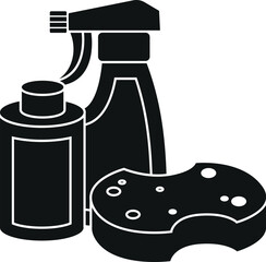 Cartoon Black and White Illustration Vector Of Cleaning Supplies Spray Bottle and Sponge