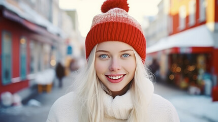 Beautiful young girl with blonde hair and perfect complexion posing in a winter hat smiling. Winter holidays are coming. Generative AI.