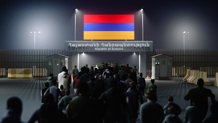 Naklejka premium People walk through the border checkpoint gate to Republic of Armenia at night - 3D rendered