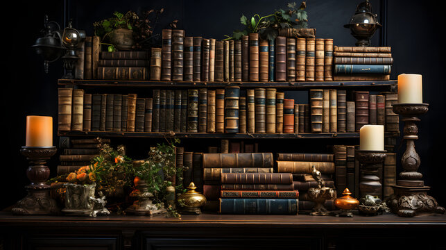 A wall full of Old ancient books of a library, holding many historical books and manuscripts. 

