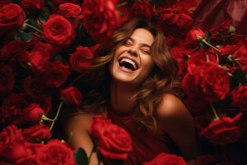 portrait of a young white woman/model in a close up laughing surrounded by red roses for valentines day editorial fashion/beauty roses photo shoot film camera look