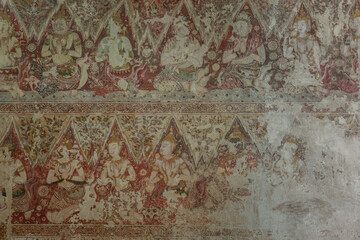 The ancient thai art mural (wall paintiing) damage around inside of thai church at Wat yai...