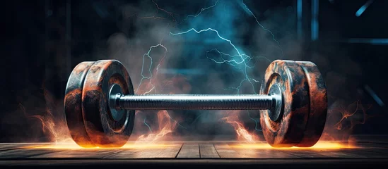Wandcirkels tuinposter Artistic rim lightning on fitness dumbbells with space for text © TheWaterMeloonProjec