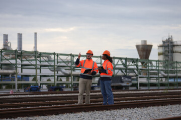 A couple of Railway engineers with orange safety jackets checking the railway at  the train station