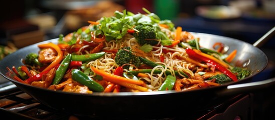 Vegan and vegetarian food a close up of fried vegetable noodle at Thailands market - obrazy, fototapety, plakaty