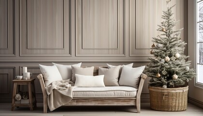 living room with christmas tree - obrazy, fototapety, plakaty