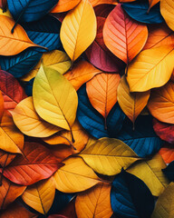 Autumn poster with a multitude of colorful dry leaves. Creative pattern from nature. Generative AI.